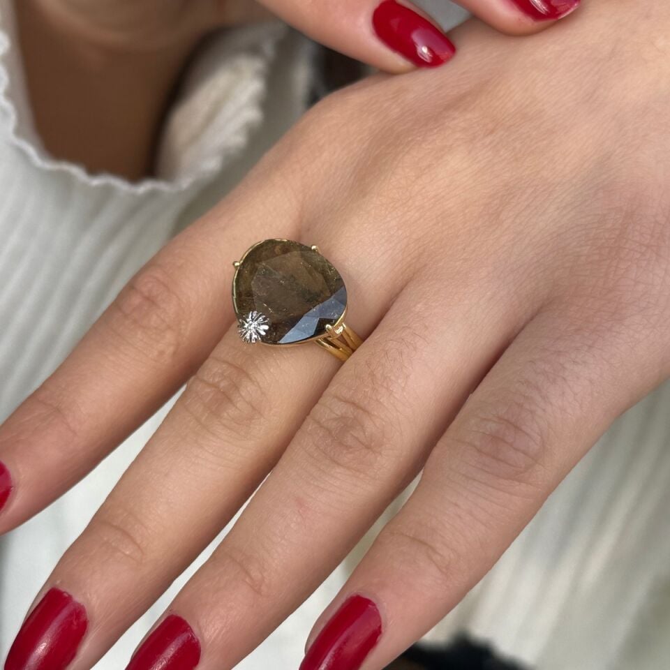 14 AYAR ÖZEL TASARIM DOĞAL TURMALİN TAŞLI PIRLANTALI TASARIM YÜZÜK