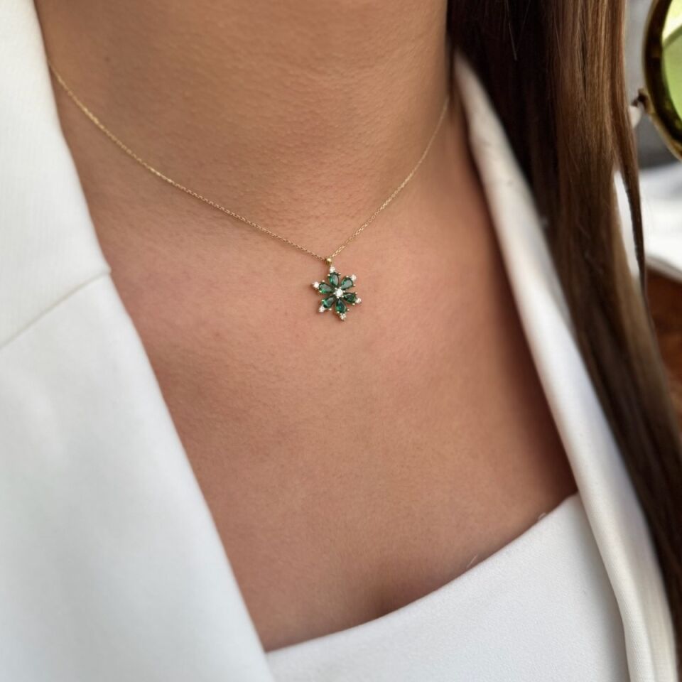 14 AYAR YEŞİL TAŞLI ÇİÇEK KOLYE