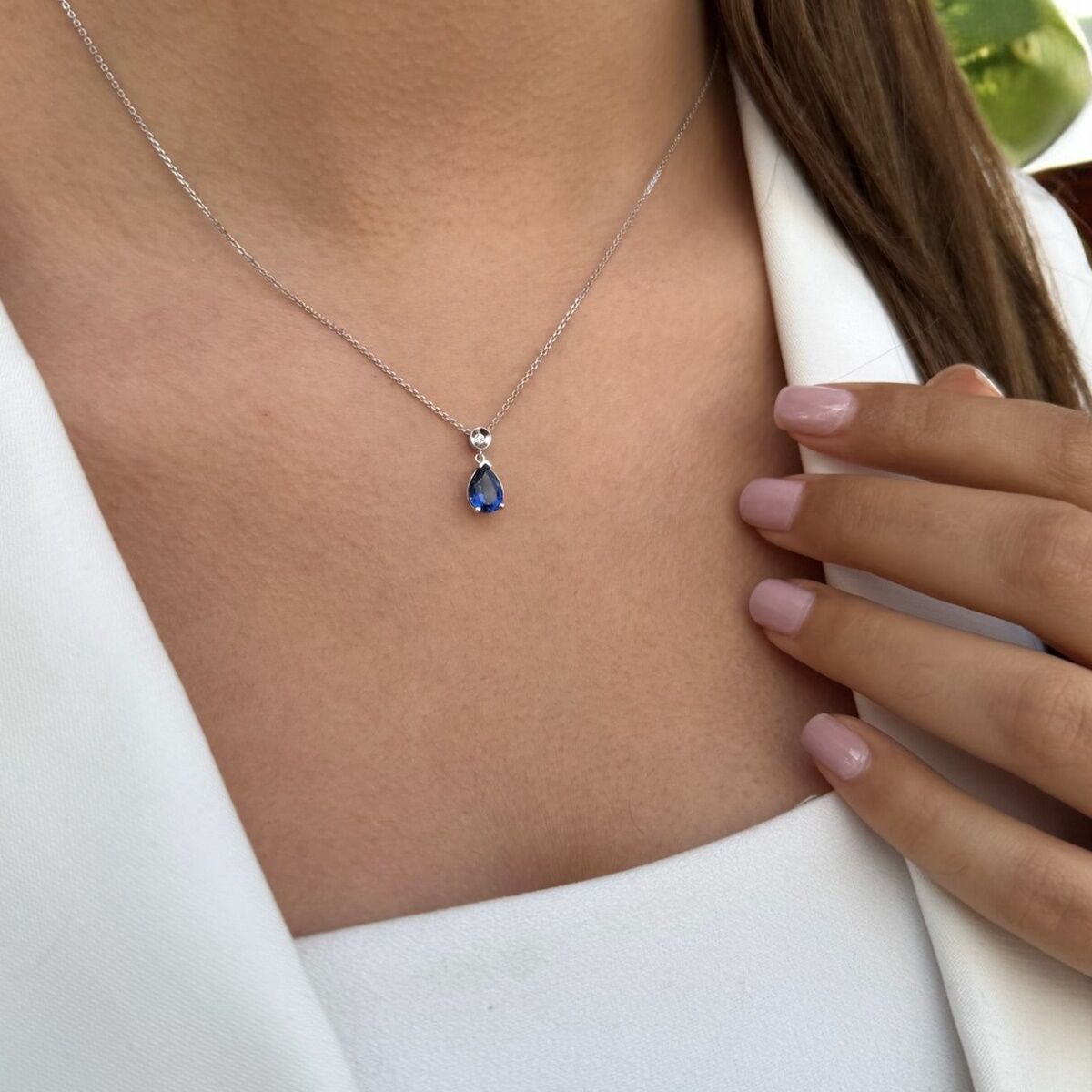 14 AYAR 1,64 CT DAMLA SAFİR TAŞLI VE PIRLANTA TAŞLI ALTIN KOLYE