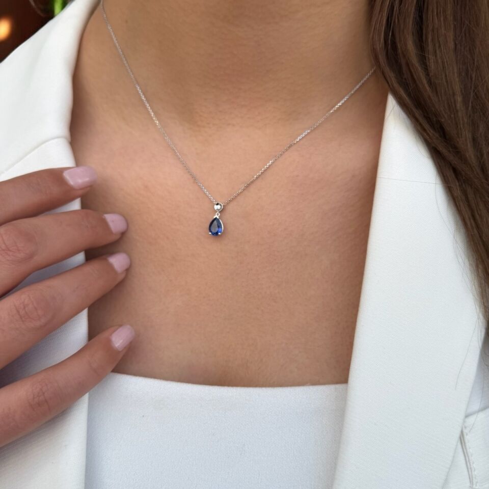 14 AYAR 1,64 CT DAMLA SAFİR TAŞLI VE PIRLANTA TAŞLI ALTIN KOLYE