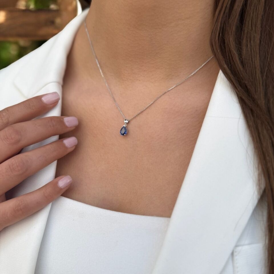 14 AYAR 1,64 CT DAMLA SAFİR TAŞLI VE PIRLANTA TAŞLI ALTIN KOLYE