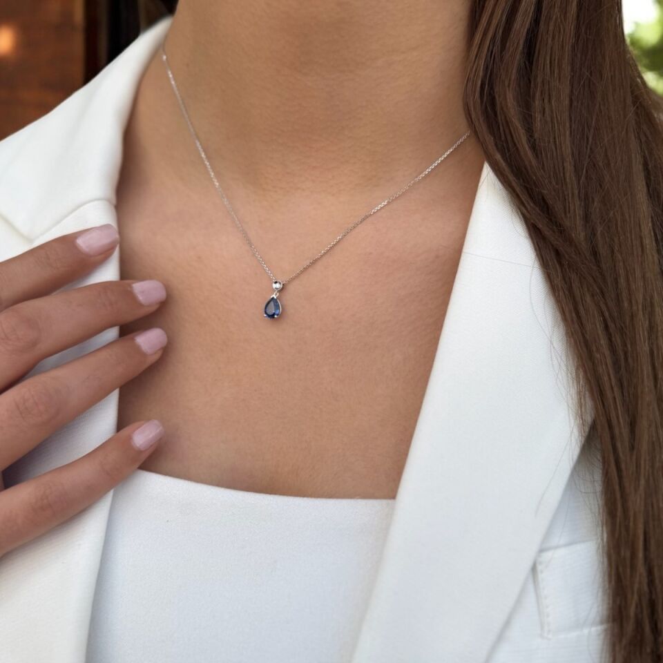 14 AYAR 1,64 CT DAMLA SAFİR TAŞLI VE PIRLANTA TAŞLI ALTIN KOLYE