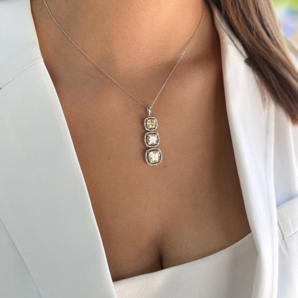 14 AYAR 13,32 CT SARI SAFİR FANCY,0,59 CT PIRLANTA TAŞLI İTALYAN KOLYE