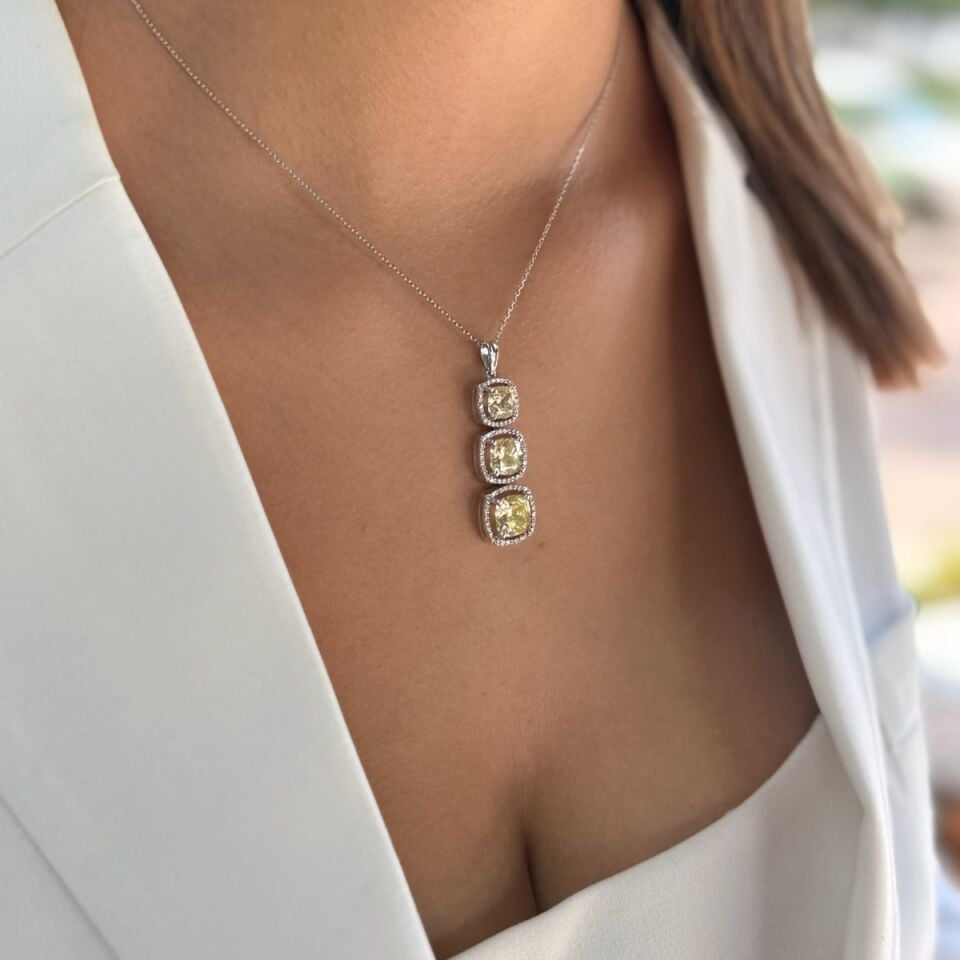 14 AYAR 13,32 CT SARI SAFİR FANCY,0,59 CT PIRLANTA TAŞLI İTALYAN KOLYE