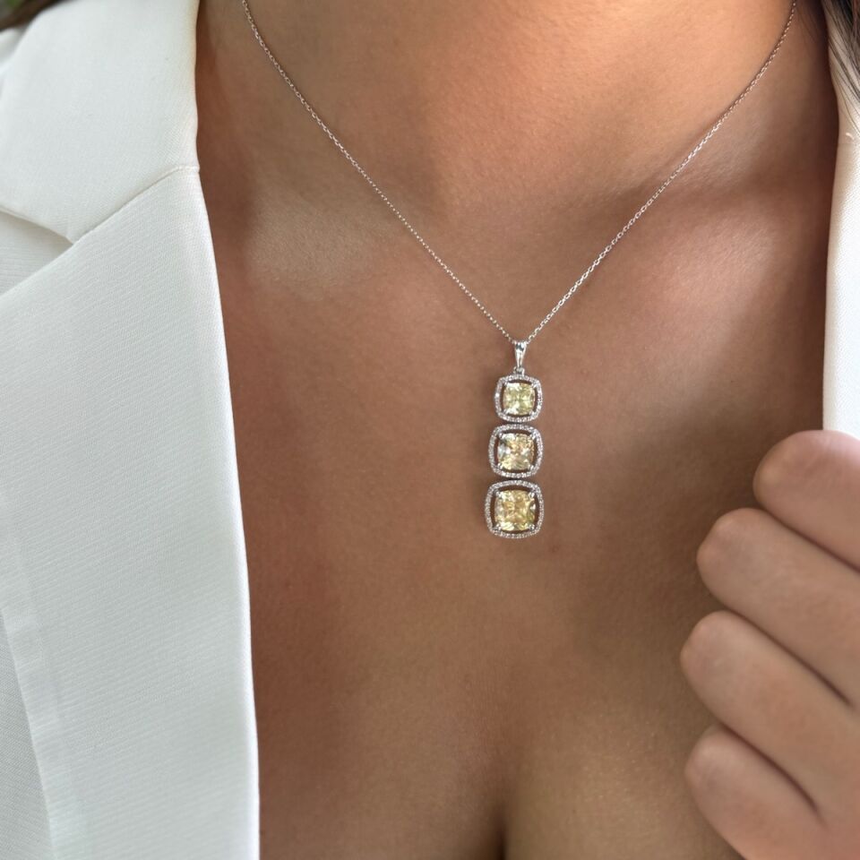 14 AYAR 13,32 CT SARI SAFİR FANCY,0,59 CT PIRLANTA TAŞLI İTALYAN KOLYE