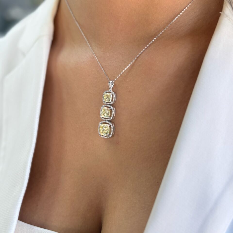 14 AYAR 13,32 CT SARI SAFİR FANCY,0,59 CT PIRLANTA TAŞLI İTALYAN KOLYE