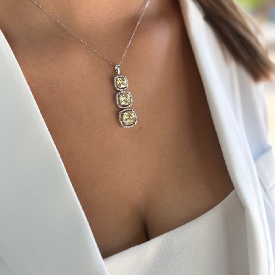 14 AYAR 13,32 CT SARI SAFİR FANCY,0,59 CT PIRLANTA TAŞLI İTALYAN KOLYE