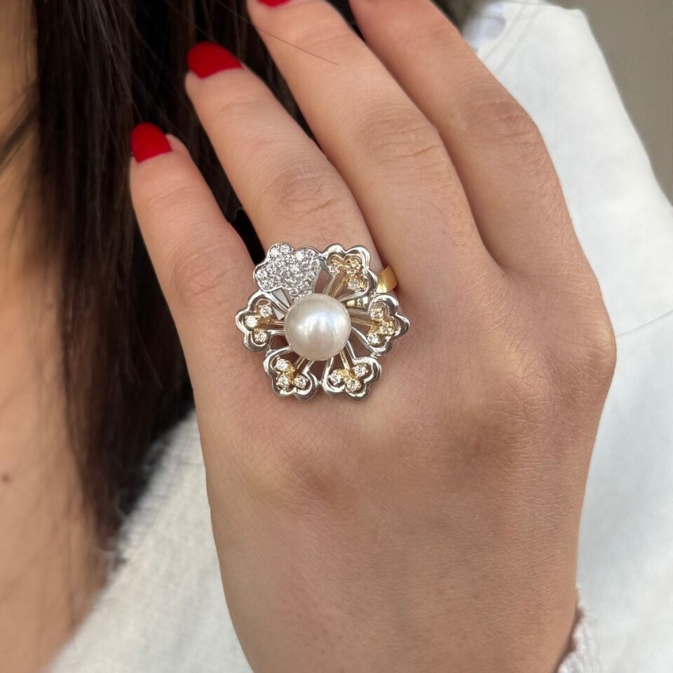 14 AYAR İTALYAN ÇİÇEK MODEL İNCİLİ ALTIN YÜZÜK