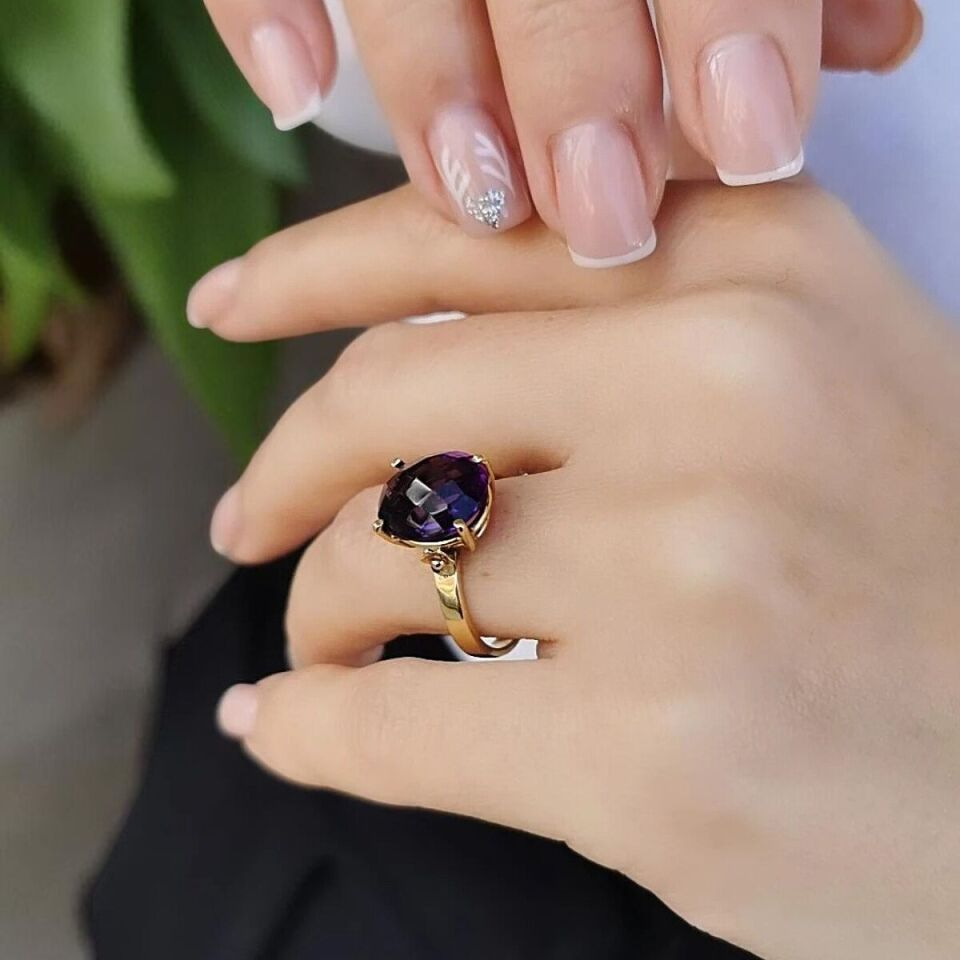14 Ayar Ametist Kristal Taşlı El Yapımı Altın Yüzük
