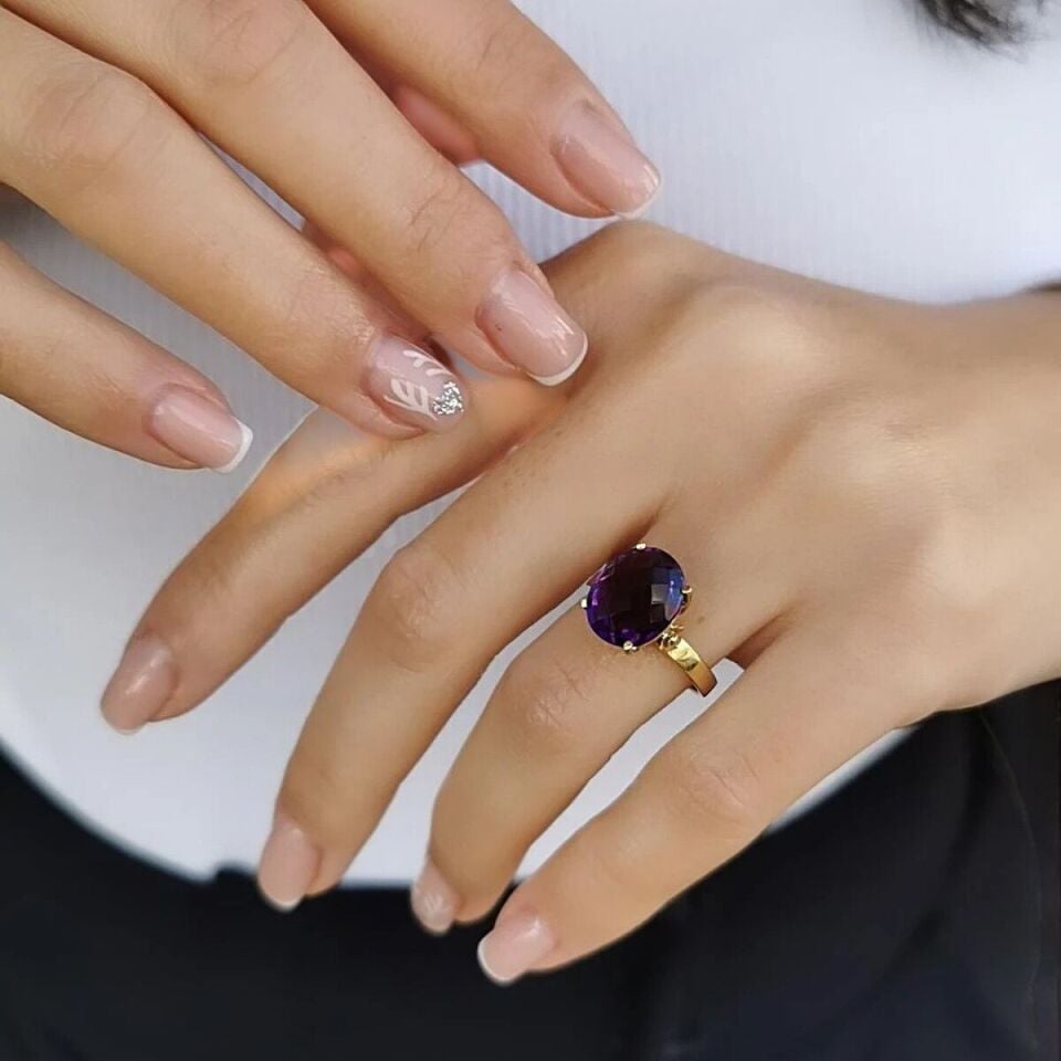 14 Ayar Ametist Kristal Taşlı El Yapımı Altın Yüzük