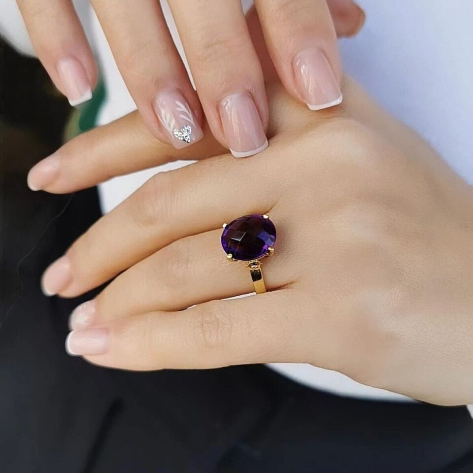 14 Ayar Ametist Kristal Taşlı El Yapımı Altın Yüzük