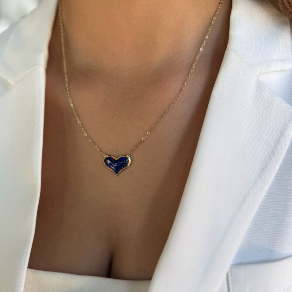 14 AYAR ORJİNAL KALP KESİM LAPİS LAZULİ TAŞLI ALTIN KOLYE