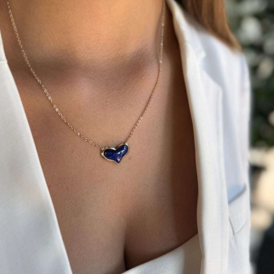 14 AYAR ORJİNAL KALP KESİM LAPİS LAZULİ TAŞLI ALTIN KOLYE