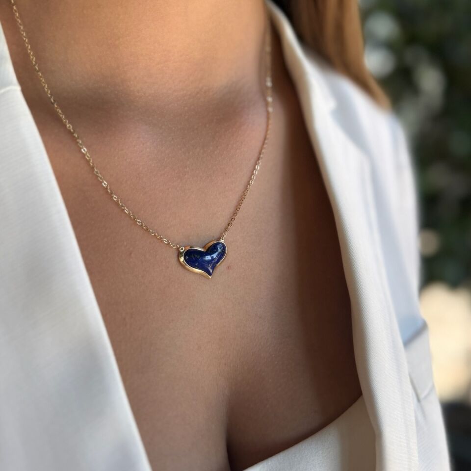 14 AYAR ORJİNAL KALP KESİM LAPİS LAZULİ TAŞLI ALTIN KOLYE