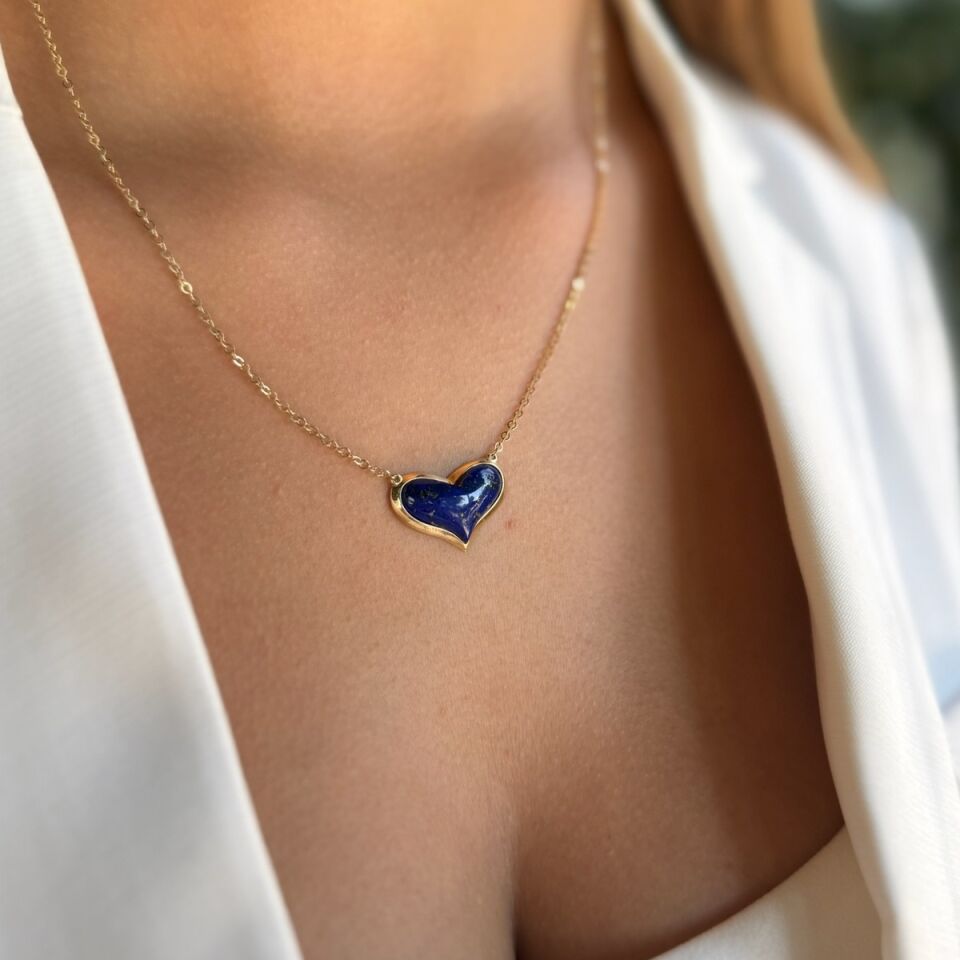 14 AYAR ORJİNAL KALP KESİM LAPİS LAZULİ TAŞLI ALTIN KOLYE