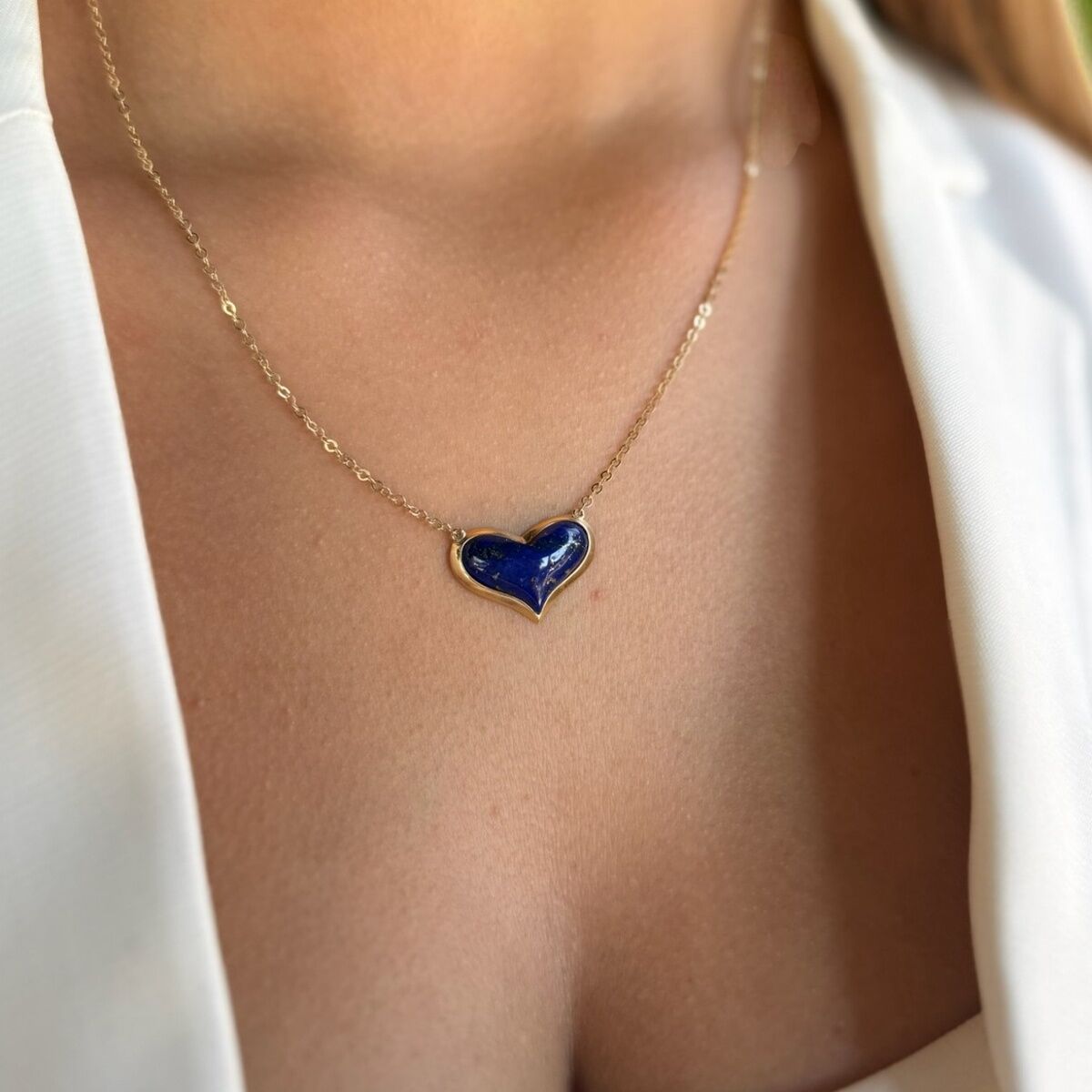 14 AYAR ORJİNAL KALP KESİM LAPİS LAZULİ TAŞLI ALTIN KOLYE