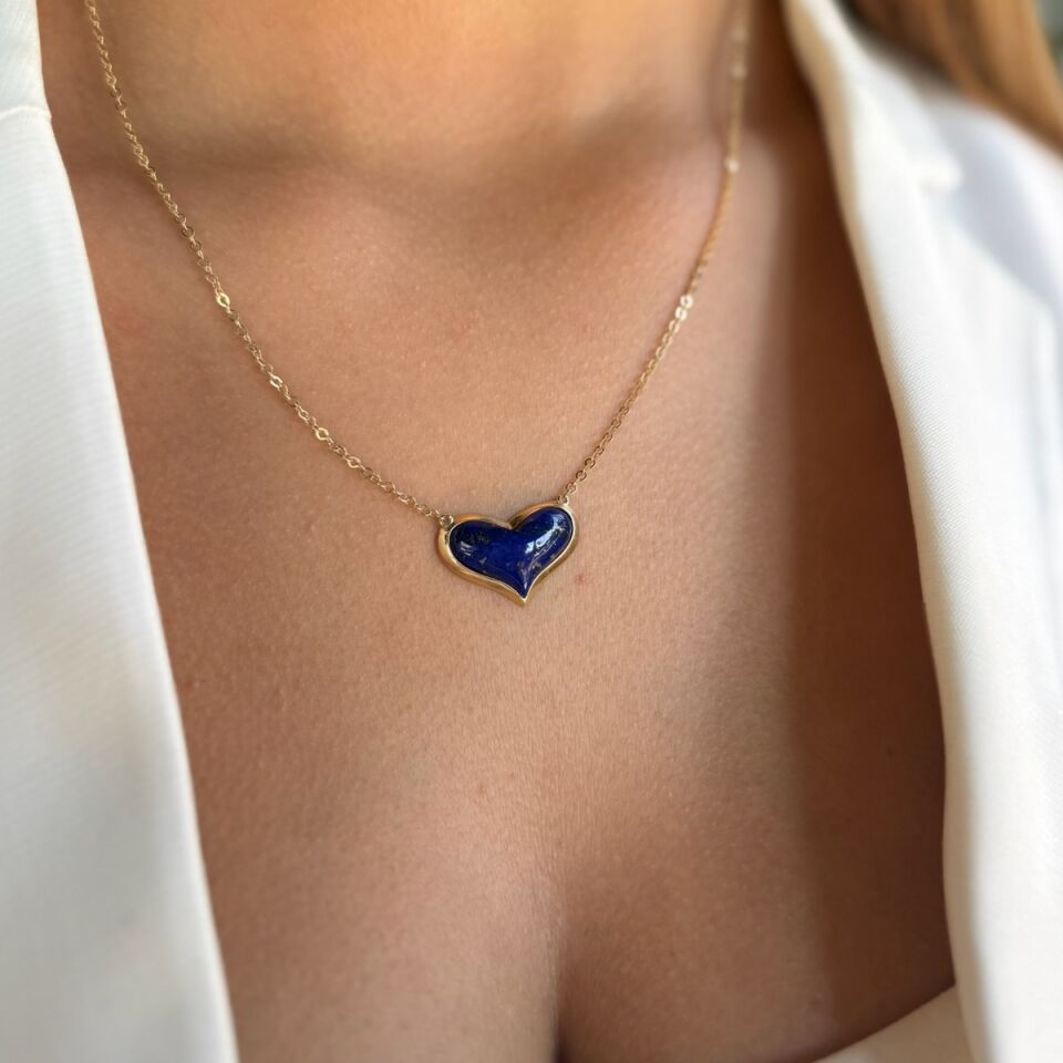 14 AYAR ORJİNAL KALP KESİM LAPİS LAZULİ TAŞLI ALTIN KOLYE