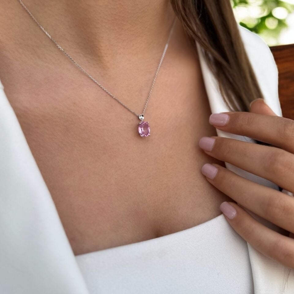 14 AYAR 3,88 CT PİNK PEMBE TAŞLI VE PIRLANTA TAŞLI ALTIN KOLYE