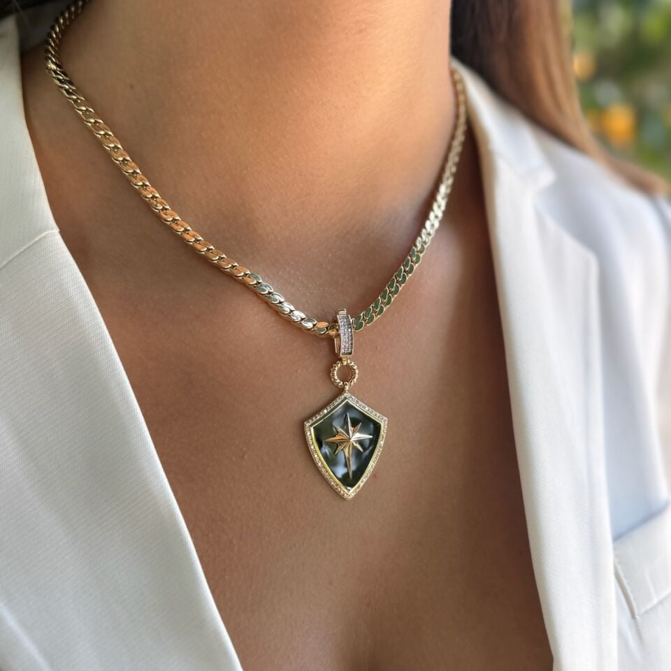 14 AYAR KUTUPYILDIZI FİGÜRLÜ SİYAH MİNELİ KALKAN KOLYE UCU