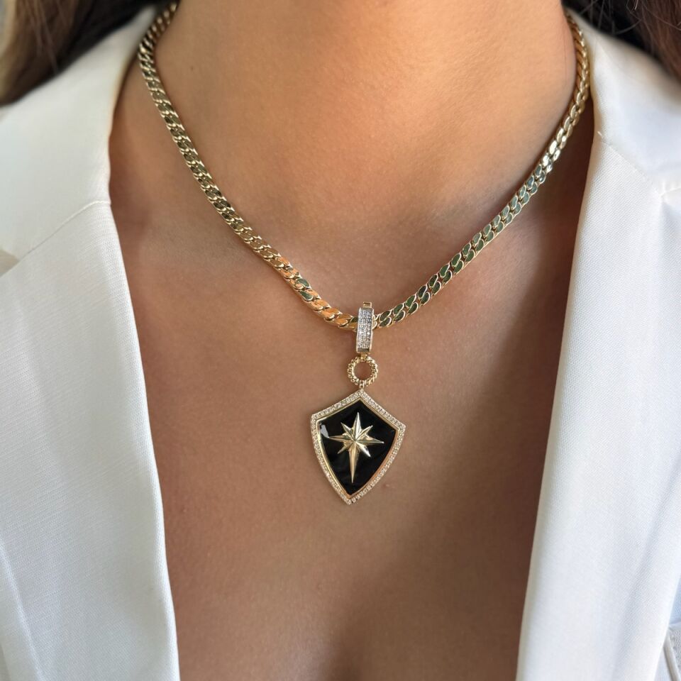 14 AYAR KUTUPYILDIZI FİGÜRLÜ SİYAH MİNELİ KALKAN KOLYE UCU