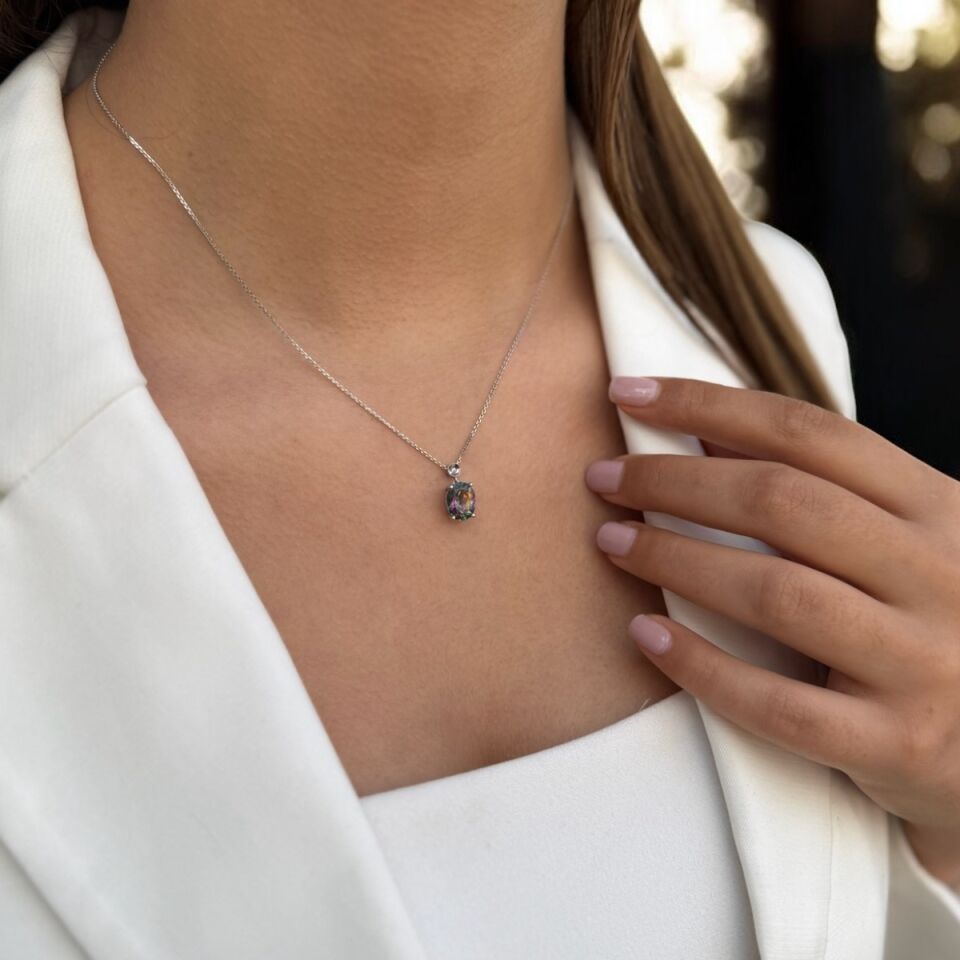 14 AYAR 3,04 CT MİSTİK TOPAZ VE PIRLANTA TAŞLI ALTIN KOLYE