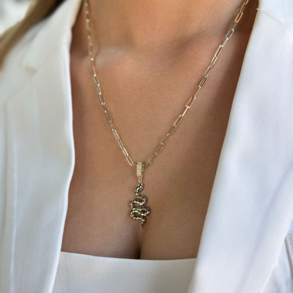 14 AYAR ÖZEL KİLİTLİ SİYAH MİNELİ YILAN KOLYE