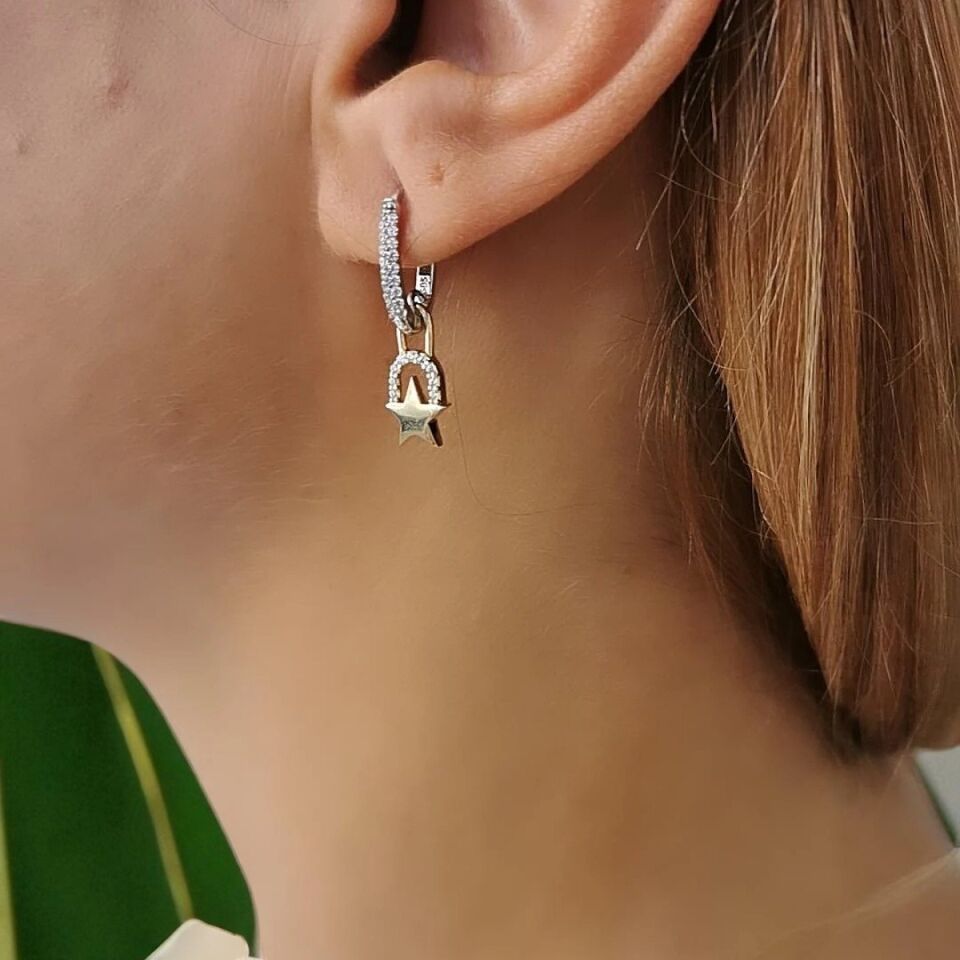 14 AYAR İTALYAN BEYAZ ALTIN TASARIM İKİ RENKLİ YILDIZ KÜPE