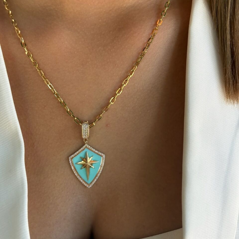 14 AYAR TURKUAZ MİNELİ KUTUPYILDIZI KALKAN ALTIN KOLYE