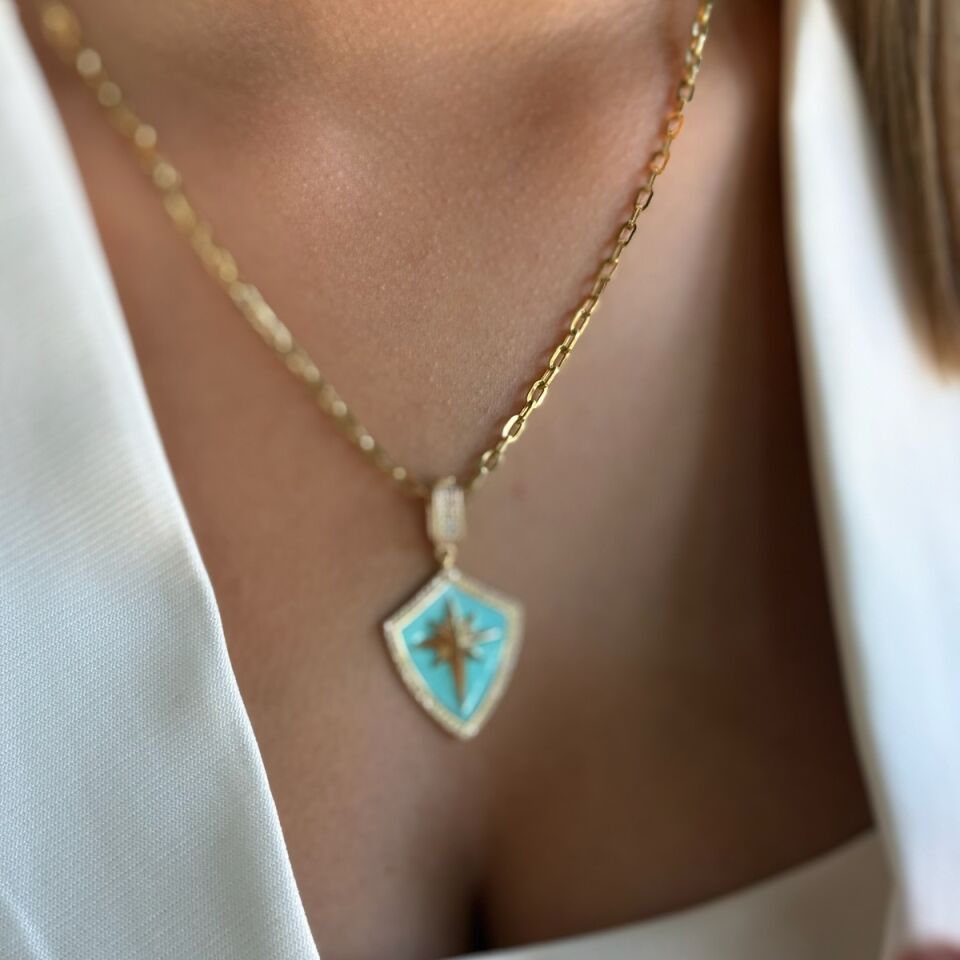 14 AYAR TURKUAZ MİNELİ KUTUPYILDIZI KALKAN ALTIN KOLYE