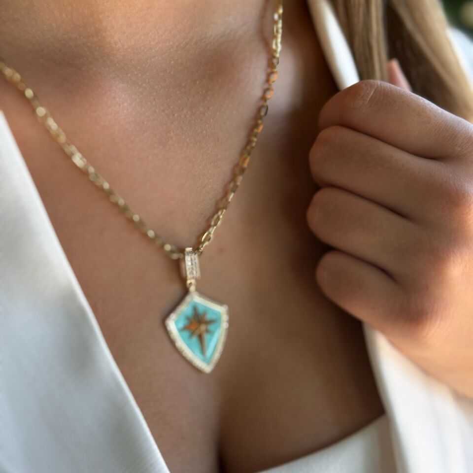 14 AYAR TURKUAZ MİNELİ KUTUPYILDIZI KALKAN ALTIN KOLYE