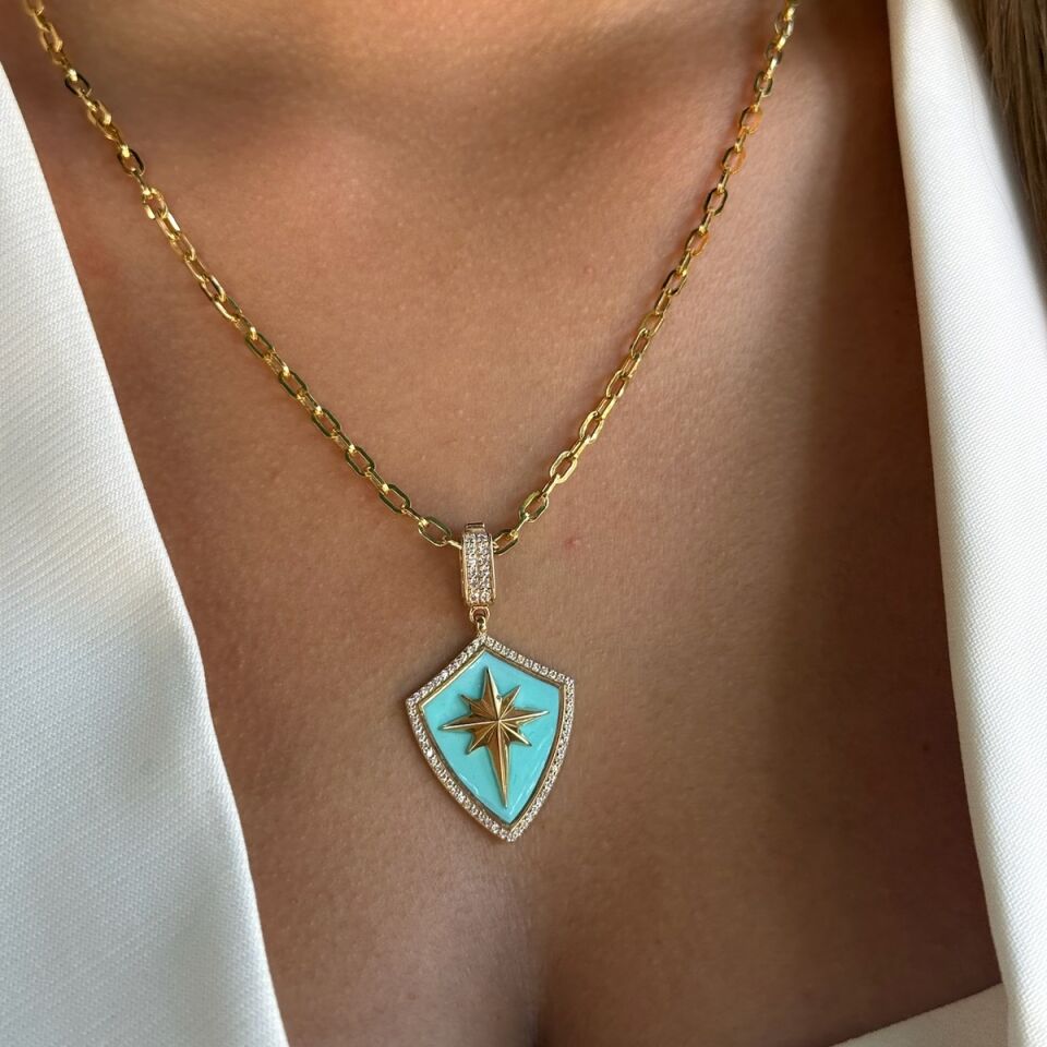 14 AYAR TURKUAZ MİNELİ KUTUPYILDIZI KALKAN ALTIN KOLYE