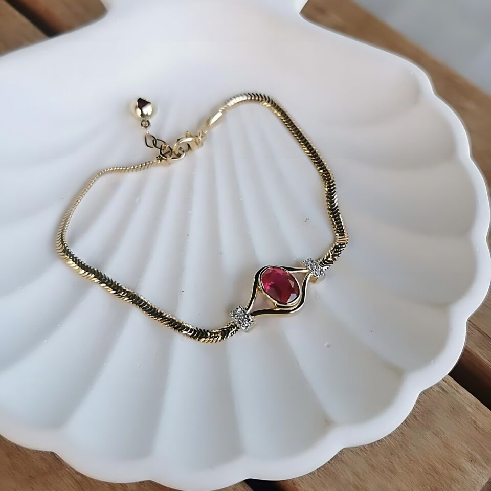 14 AYAR ÖZEL TASARIM KIRMIZI KRİSTAL YAKUT TAŞLI ALTIN BİLEKLİK