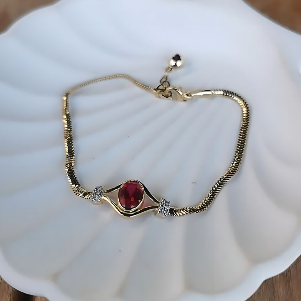 14 AYAR ÖZEL TASARIM KIRMIZI KRİSTAL YAKUT TAŞLI ALTIN BİLEKLİK