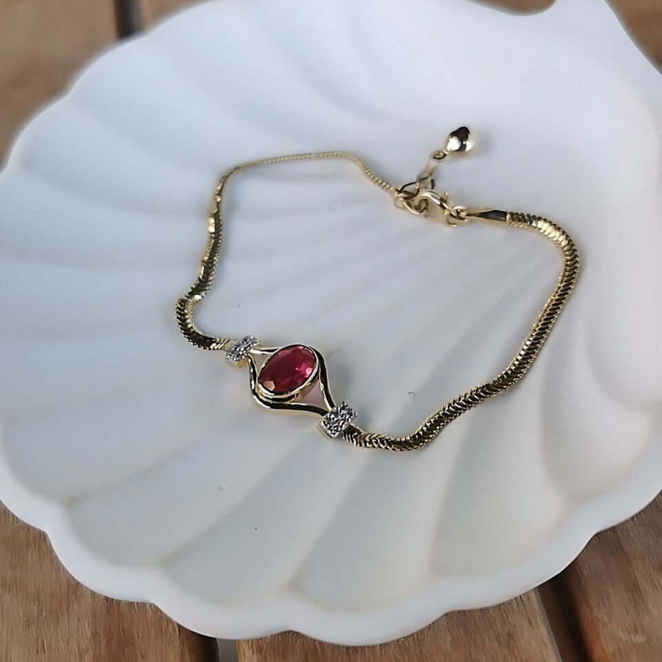 14 AYAR ÖZEL TASARIM KIRMIZI KRİSTAL YAKUT TAŞLI ALTIN BİLEKLİK