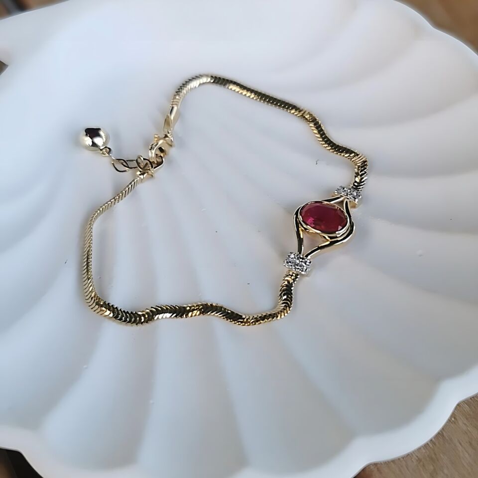 14 AYAR ÖZEL TASARIM KIRMIZI KRİSTAL YAKUT TAŞLI ALTIN BİLEKLİK
