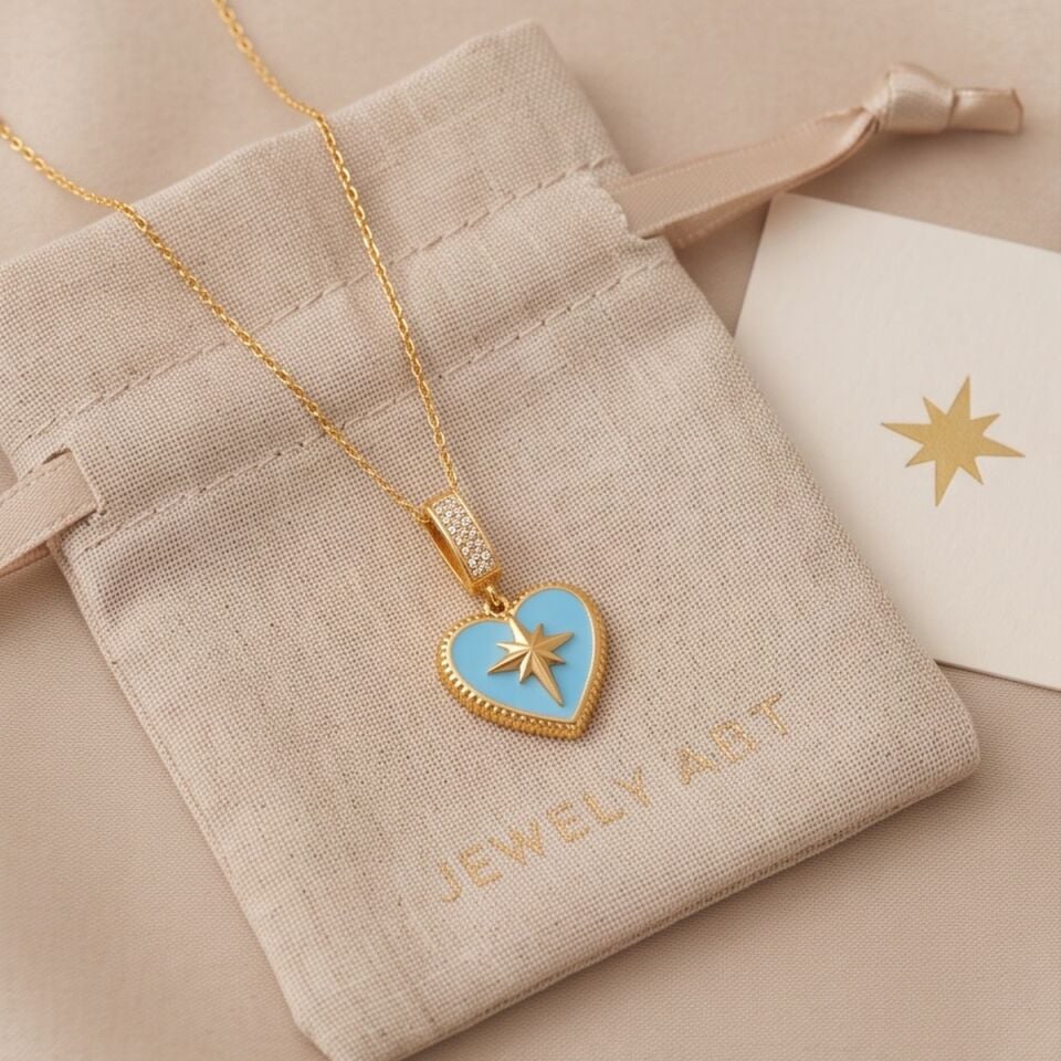 22 AYAR FİRUZE RENGİ KUTUPYILDIZI KALP KOLYE