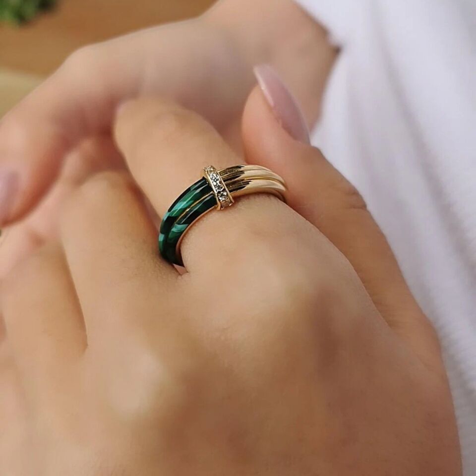 14 AYAR MALAHİT TAŞLI İTALYAN ALTIN YÜZÜK