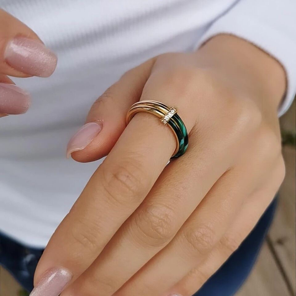 14 AYAR MALAHİT TAŞLI İTALYAN ALTIN YÜZÜK