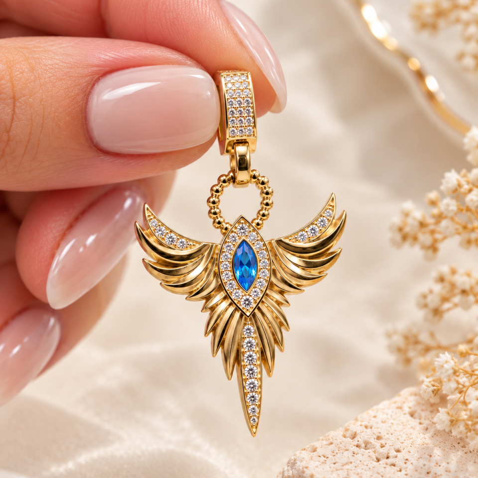14 AYAR BLUE TOPAZ RENGİ TAŞLI ANKAKUŞU KOLYE UCU