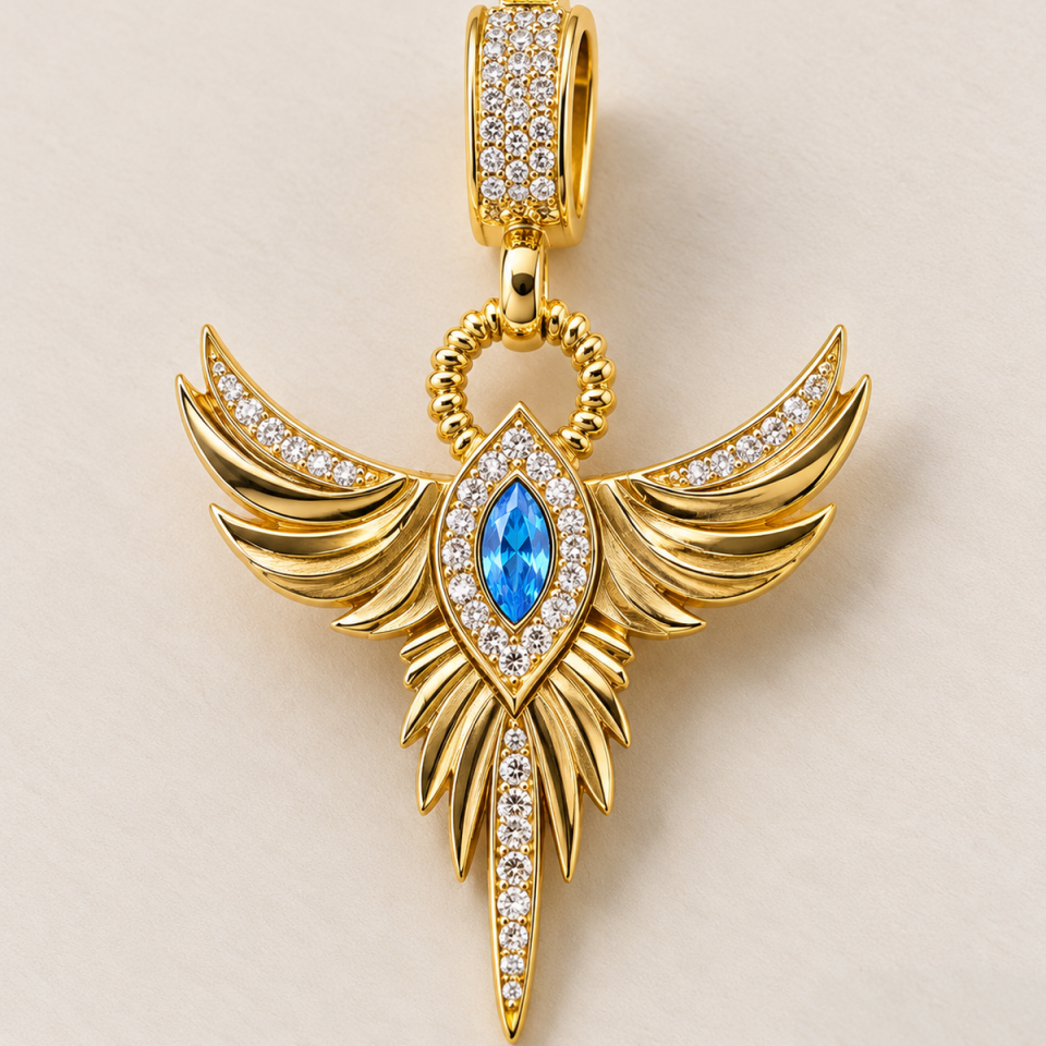 14 AYAR BLUE TOPAZ RENGİ TAŞLI ANKAKUŞU KOLYE UCU