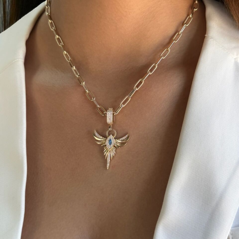 14 AYAR BLUE TOPAZ RENGİ TAŞLI ANKAKUŞU KOLYE UCU