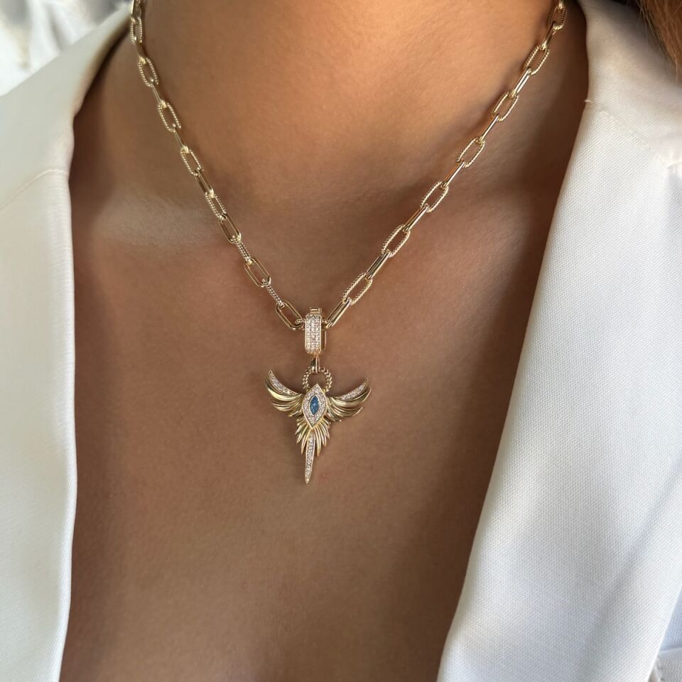 14 AYAR BLUE TOPAZ RENGİ TAŞLI ANKAKUŞU KOLYE UCU