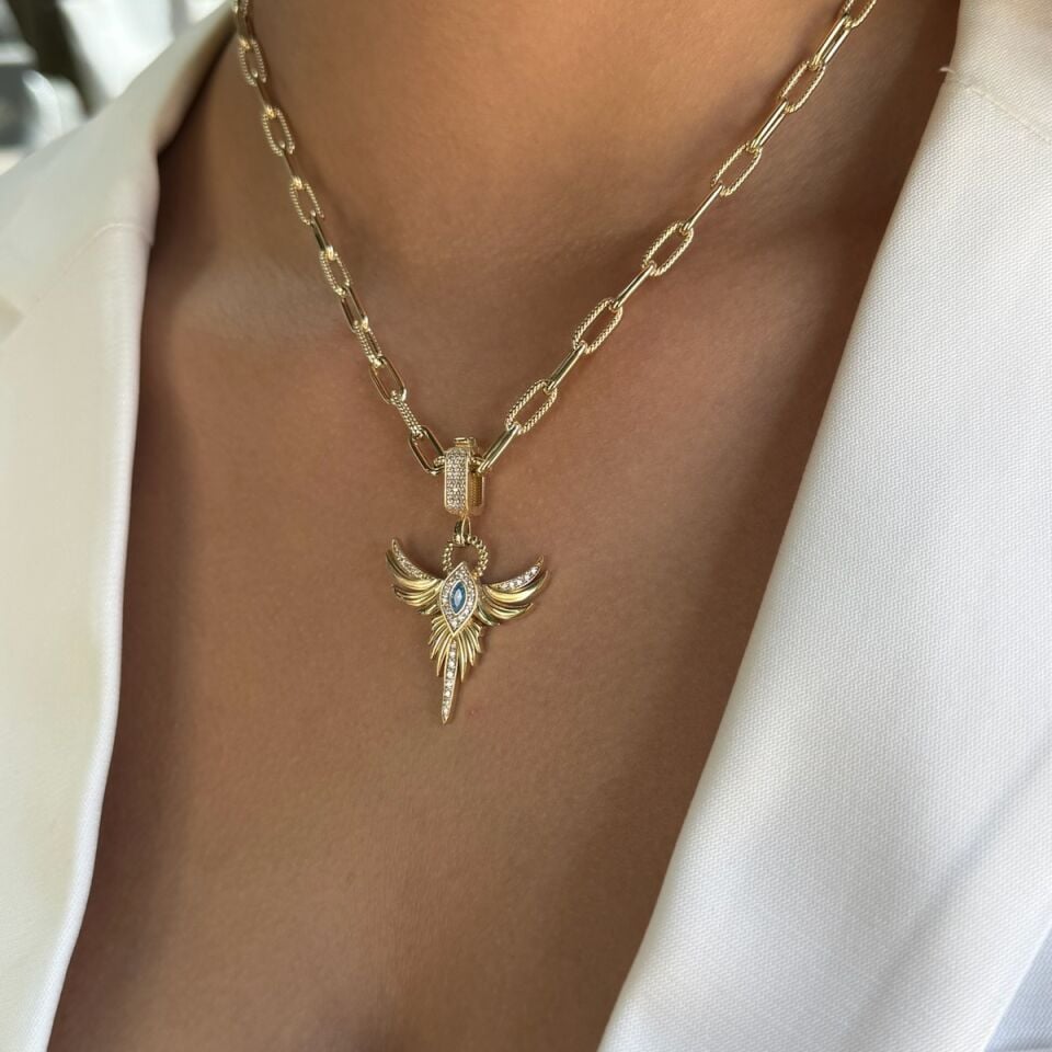 14 AYAR BLUE TOPAZ RENGİ TAŞLI ANKAKUŞU KOLYE UCU