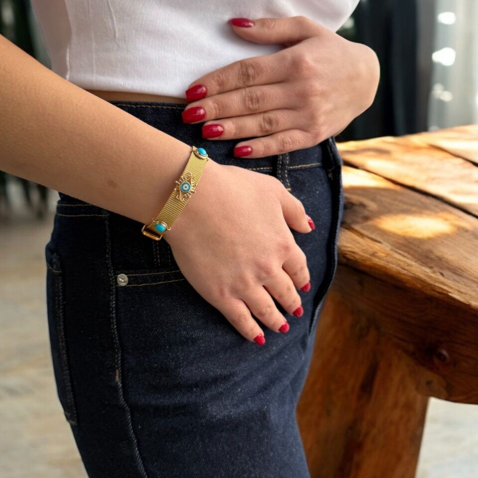 14 AYAR ALTIN RENGİ ÇELİK ÜZERİNE FİRUZE TAŞLI VE FİRUZE GÖZ MİNELİ ÖZEL TASARIM SAAT BİLEKLİK