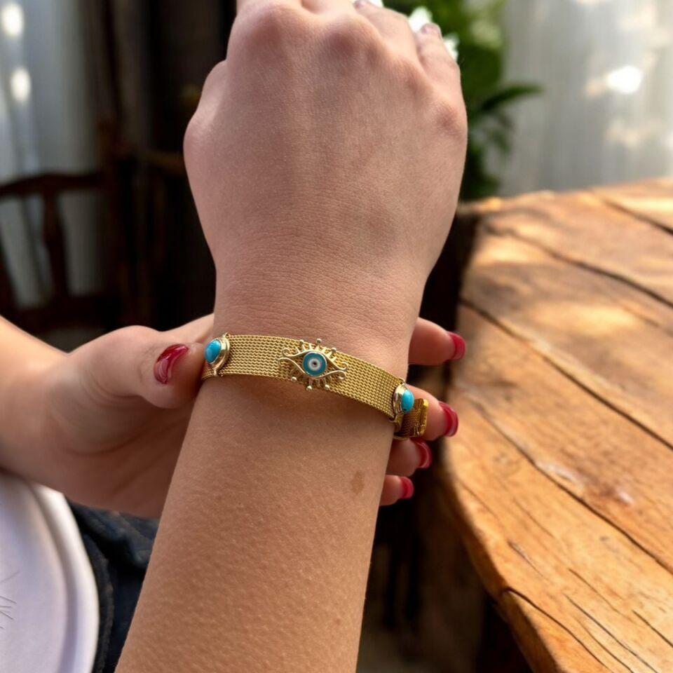 14 AYAR ALTIN RENGİ ÇELİK ÜZERİNE FİRUZE TAŞLI VE FİRUZE GÖZ MİNELİ ÖZEL TASARIM SAAT BİLEKLİK