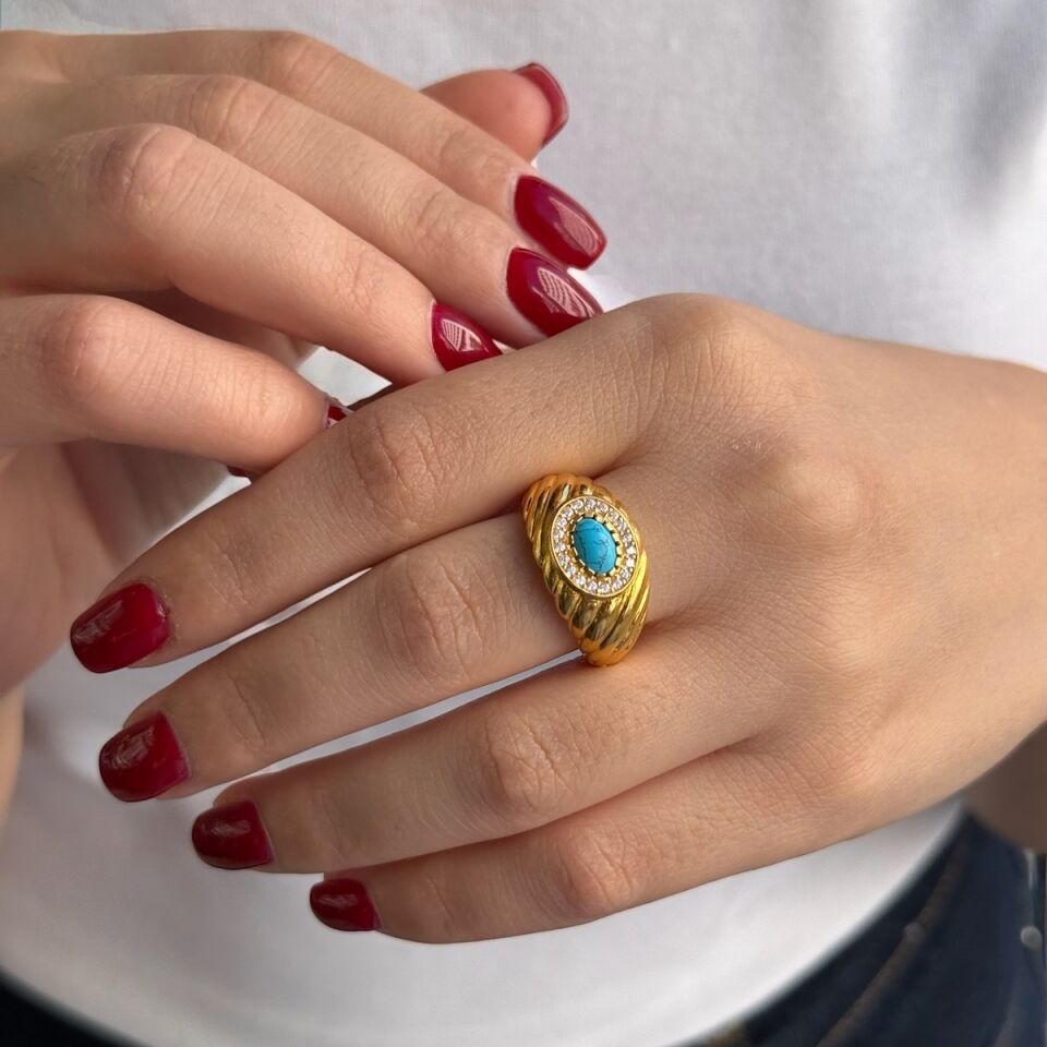 22 AYAR FİRUZE TAŞLI ALTIN TASARIM YÜZÜK