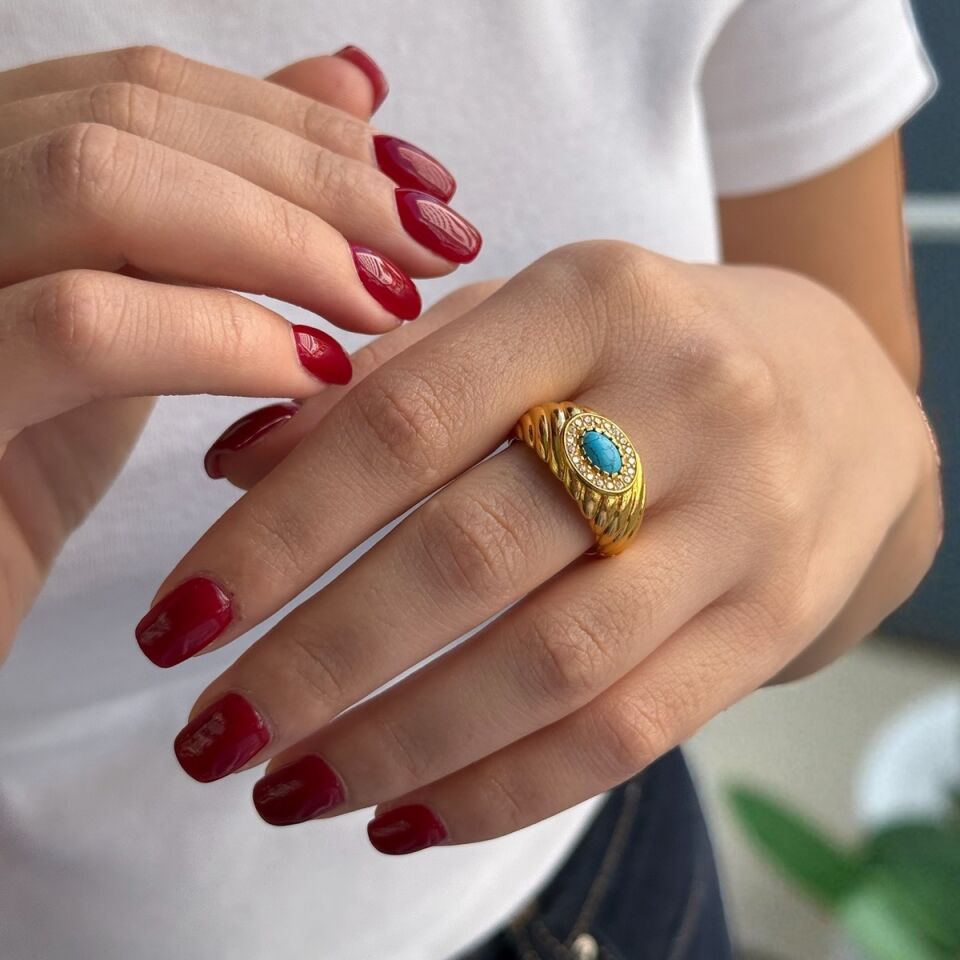 22 AYAR FİRUZE TAŞLI ALTIN TASARIM YÜZÜK