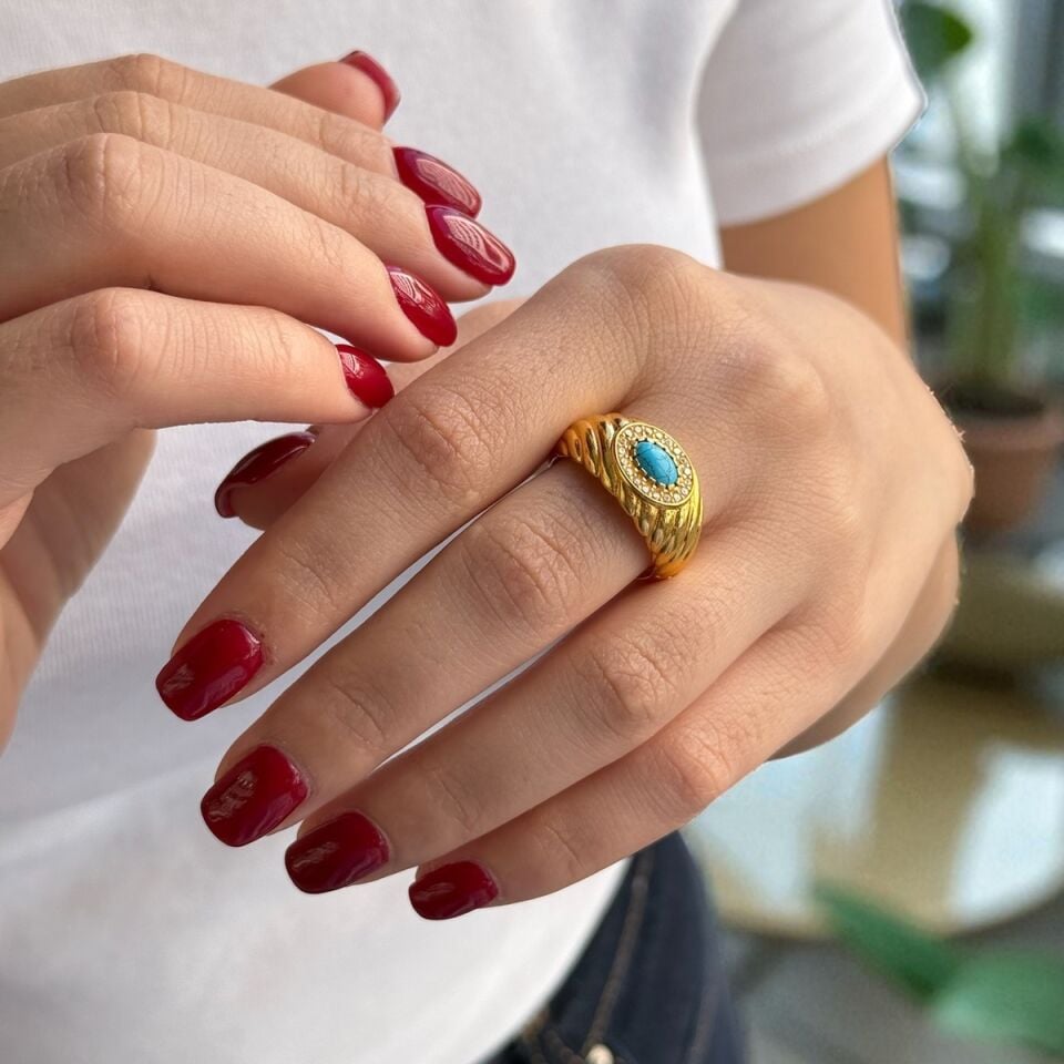 22 AYAR FİRUZE TAŞLI ALTIN TASARIM YÜZÜK