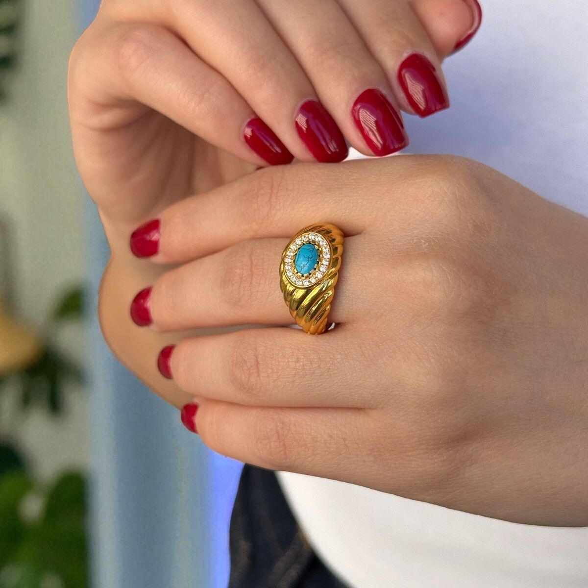 22 AYAR FİRUZE TAŞLI ALTIN TASARIM YÜZÜK