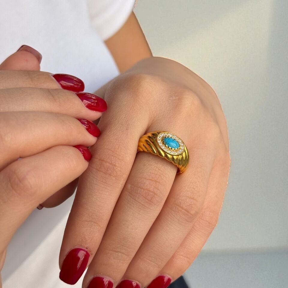 22 AYAR FİRUZE TAŞLI ALTIN TASARIM YÜZÜK